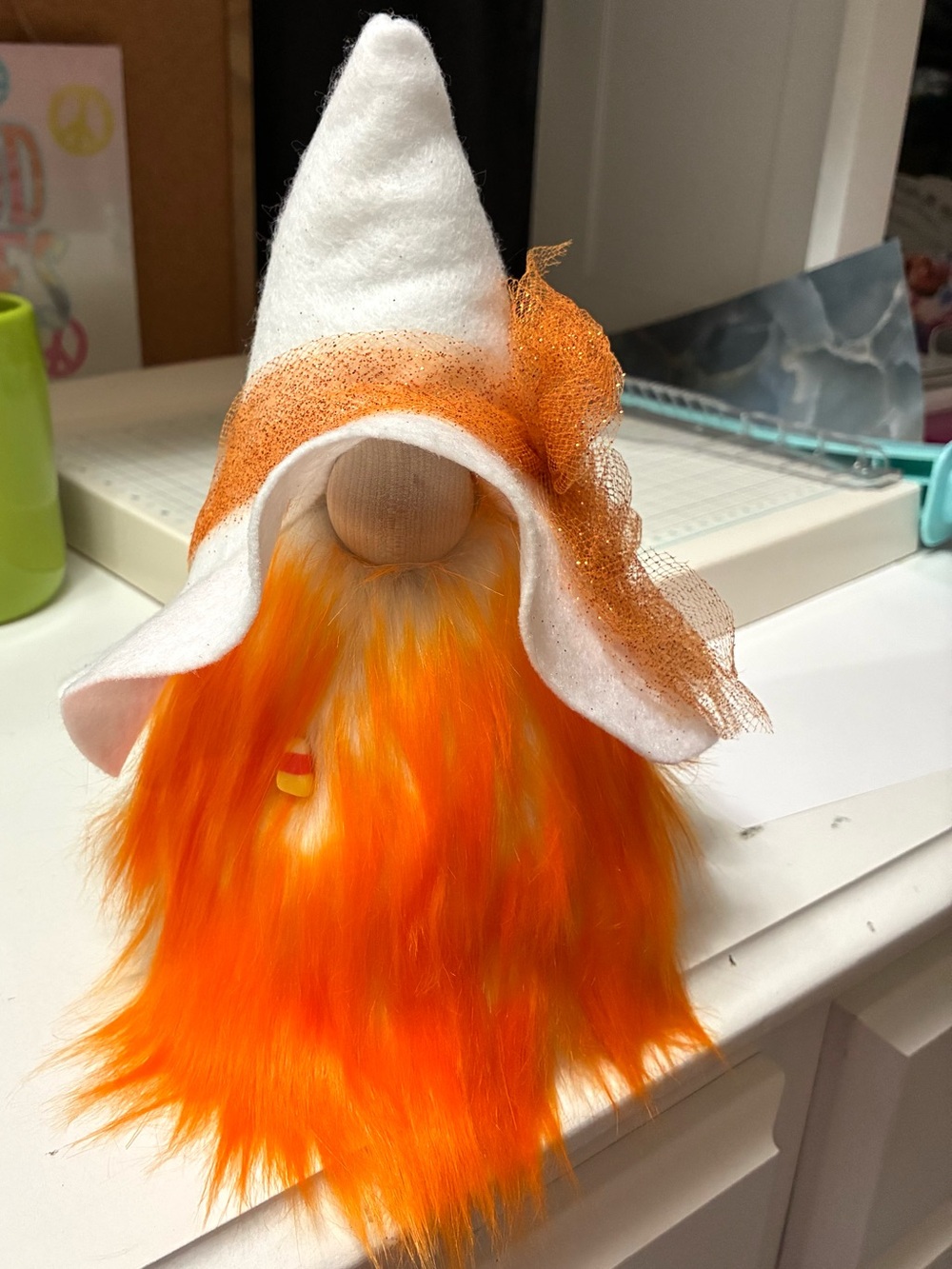Handmade Whimsical Orange Bearded Gnome Witch with White Hat